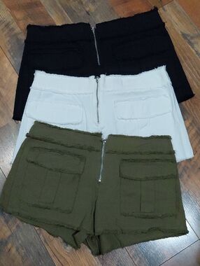 Frayed Pocket Women's Shorts Bundle. Black, White, Olive. Size L